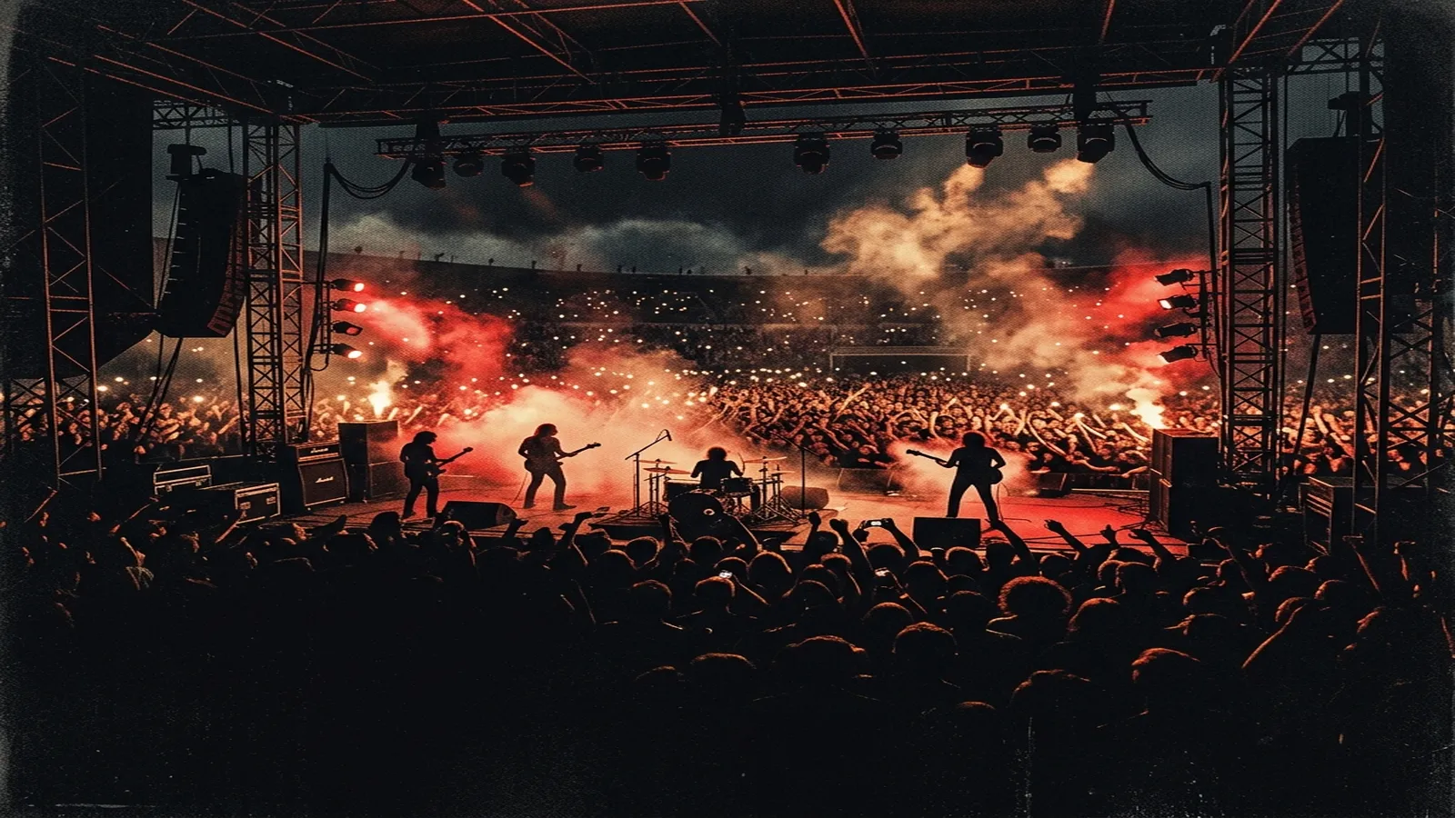 ilustración tributo de un escenario de estadio visto desde atrás, miles de encendedores iluminando la oscuridad, humo de pirotecnia y luz roja sobre una multitud fervorosa, atmósfera de rock de estadio años 80, sin rostros ni logos, paleta rojo y negro