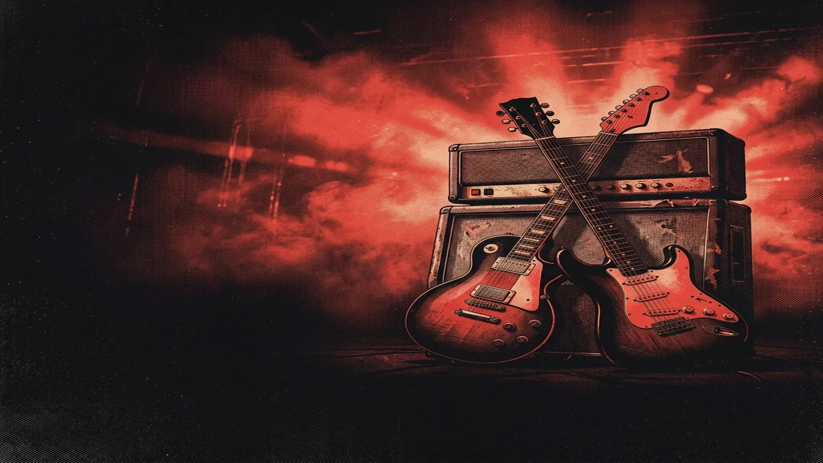 ilustración tributo de dos guitarras eléctricas cruzadas sobre un amplificador vintage en un escenario iluminado por luz roja, humo de máquina de niebla en el fondo, estética de hard rock de estadio europeo de los años 80, sin texto ni logotipos, paleta rojo y negro con destellos metálicos