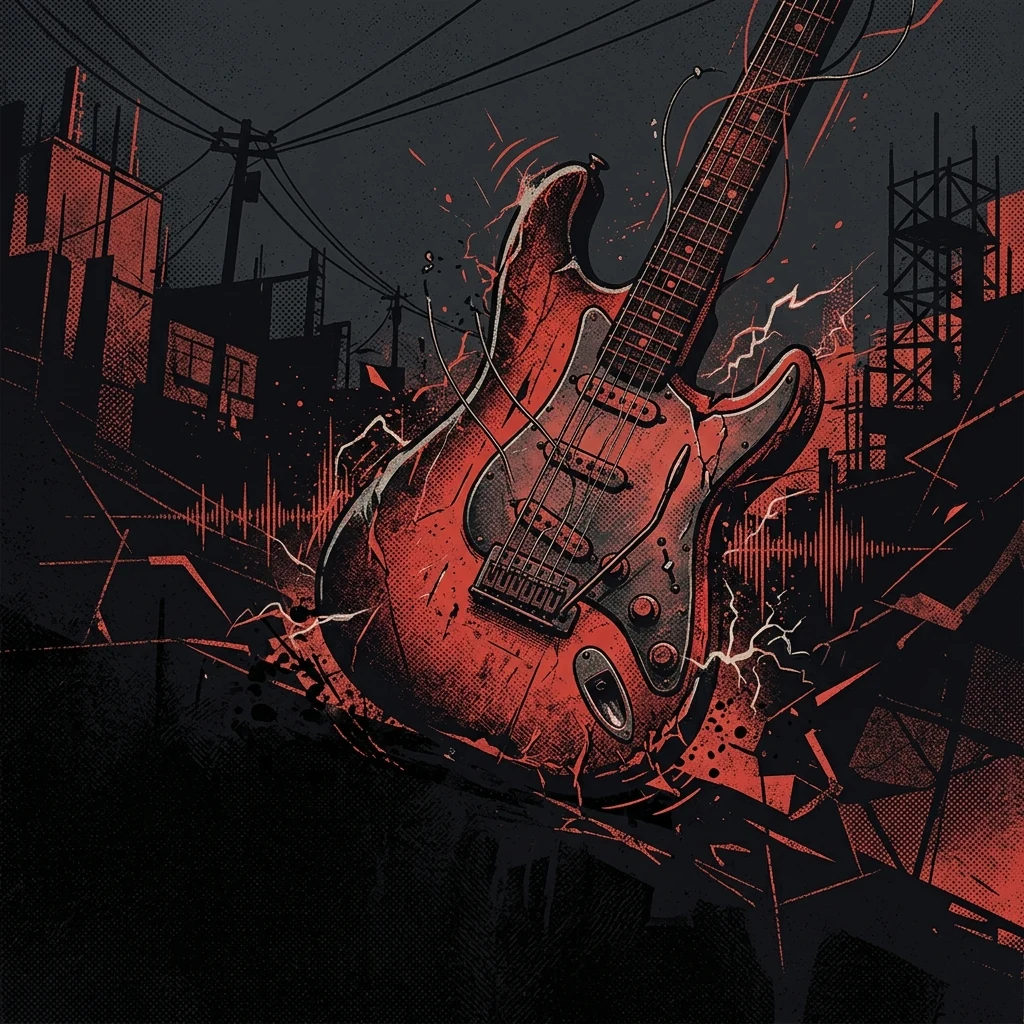 ilustración tributo de una guitarra eléctrica distorsionada sobre un fondo oscuro evocando Pretoria, electricidad cruda y tensión sonora, paleta rojo y negro, sin rostros reconocibles ni logos