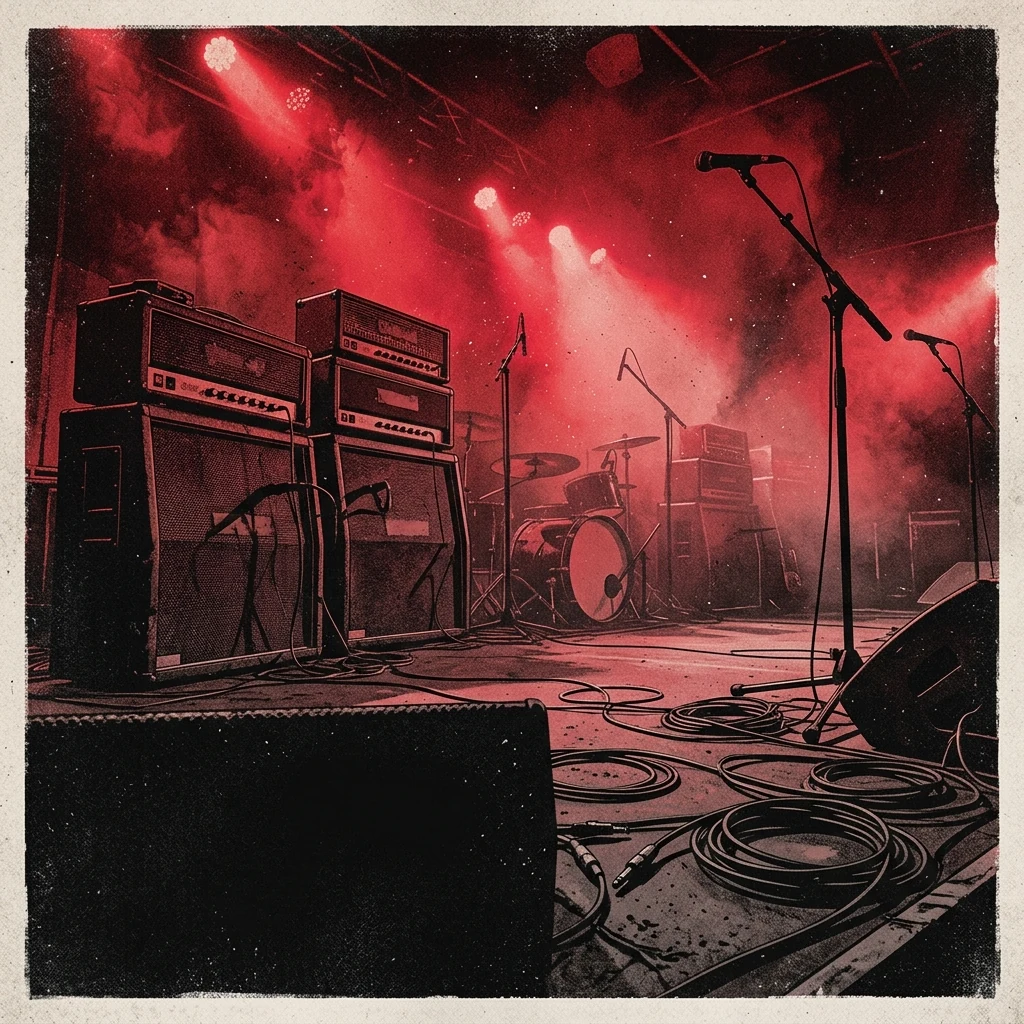 ilustración tributo de un escenario de rock iluminado en rojo intenso con amplificadores y cables en primer plano, atmósfera de concierto poderoso y crudo, paleta rojo y negro, sin rostros ni logos
