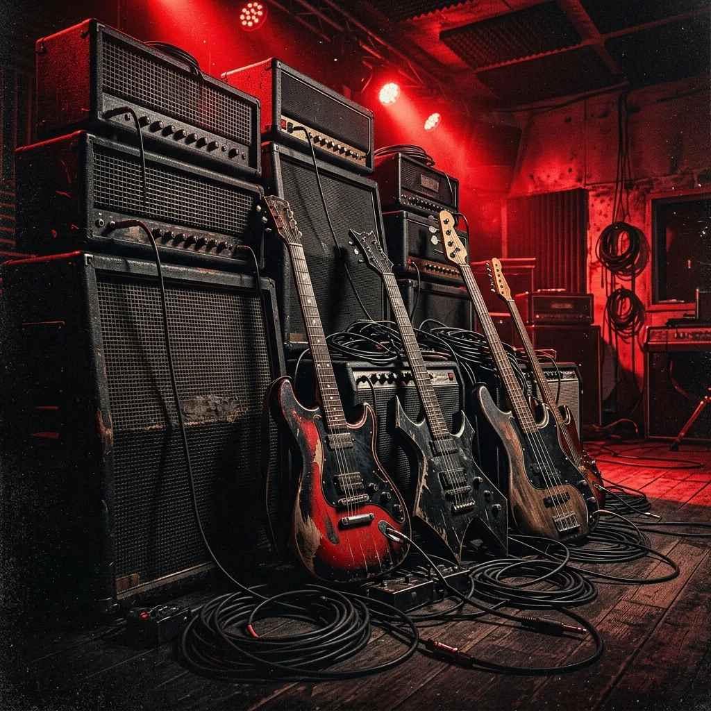 ilustración tributo de guitarras eléctricas y amplificadores apilados bajo luz roja intensa con texturas de cables y equipo de estudio, evocando el sonido denso y pesado de la banda, paleta rojo y negro, sin texto ni logotipos