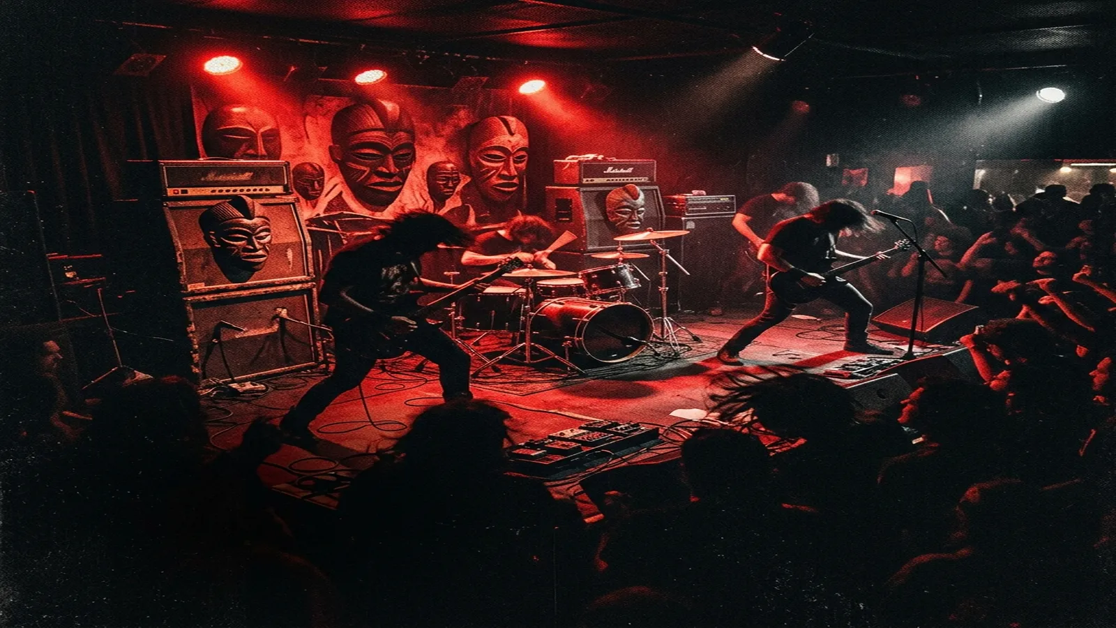 ilustración tributo de percusiones tribales y guitarras eléctricas entrelazadas bajo una ceiba gigante con luz carmesí filtrándose entre las ramas, atmósfera groove metal selva brasileña años 90, paleta rojo y negro, sin rostros ni logos