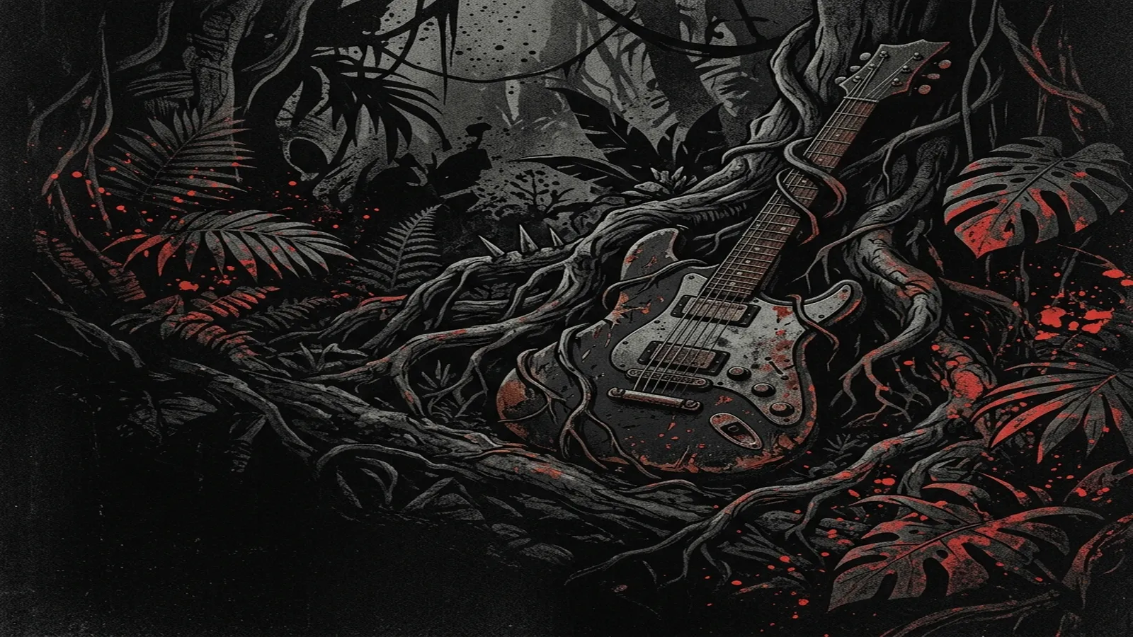 ilustración tributo de un collage de percusiones étnicas brasileñas, cuerdas de guitarra de metal tensadas sobre madera de selva, y motivos geométricos Xavante, paleta rojo carmesí y negro, sin texto ni logotipos