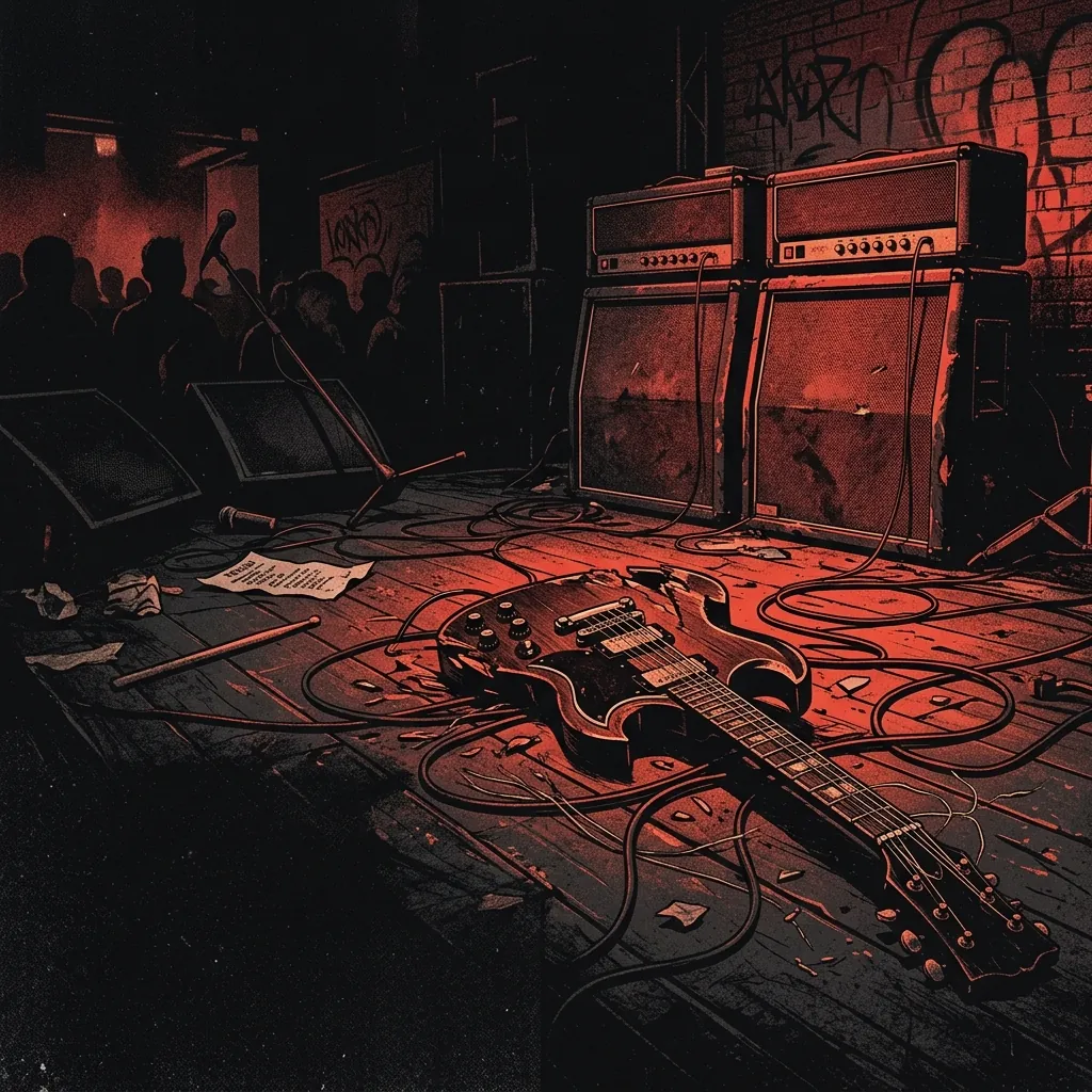 ilustración tributo de una guitarra eléctrica destrozada sobre un escenario minimalista londinense, cables sueltos y amplificadores al límite, atmósfera caótica y urgente, paleta rojo y negro, sin rostros reconocibles ni logos