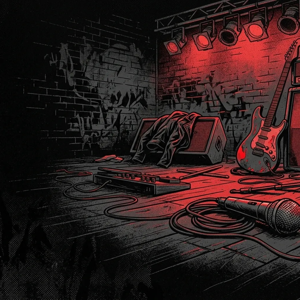 ilustración tributo de un escenario punk vacío con un micrófono caído y luces rojas, atmósfera de final abrupto y caos contenido, paleta rojo y negro, sin rostros ni logos
