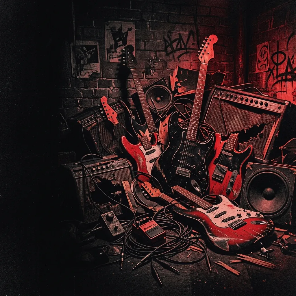 ilustración tributo de un collage de guitarras eléctricas rotas, cables enredados y fragmentos de amplificadores, estética punk de los 70, paleta rojo y negro intenso, sin texto ni logotipos reconocibles