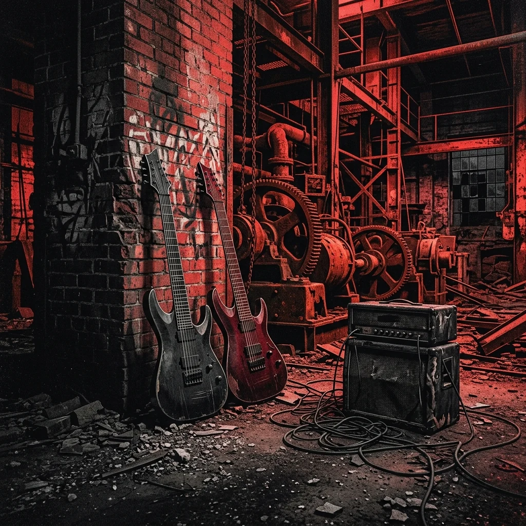 ilustración tributo de una fábrica abandonada en Pittsburgh con maquinaria oxidada y guitarras eléctricas de siete cuerdas apoyadas contra paredes de ladrillo bajo luz roja intensa, atmósfera deathcore brutal del underground norteamericano 2014-2017, sin rostros reconocibles ni logos, paleta rojo y negro