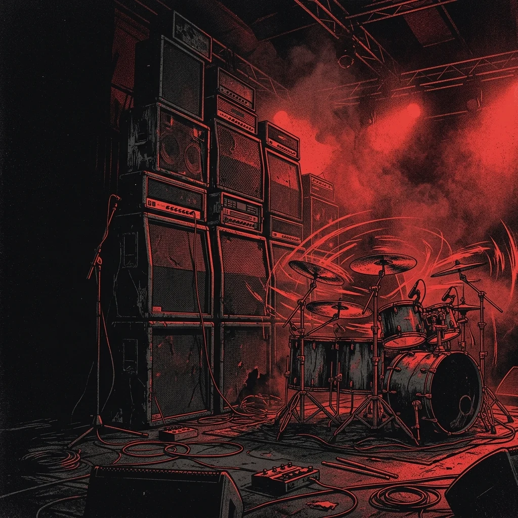 ilustración tributo de un escenario de metal extremo con amplificadores de bajo apilados hasta el techo y redobles de batería visibles en el aire bajo luz roja industrial, atmósfera deathcore técnico norteamericano de los años 2020, sin rostros ni logos, paleta rojo y negro profundo