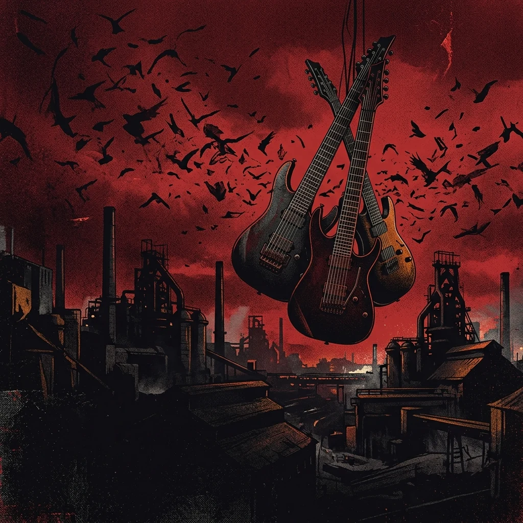 ilustración tributo de guitarras de siete cuerdas de bajo afinado suspendidas sobre un paisaje industrial nocturno, enjambre de siluetas oscuras en el cielo rojo carmesí de Pittsburgh, atmósfera deathcore técnico brutal sin texto ni logotipos, paleta rojo y negro con destellos metálicos