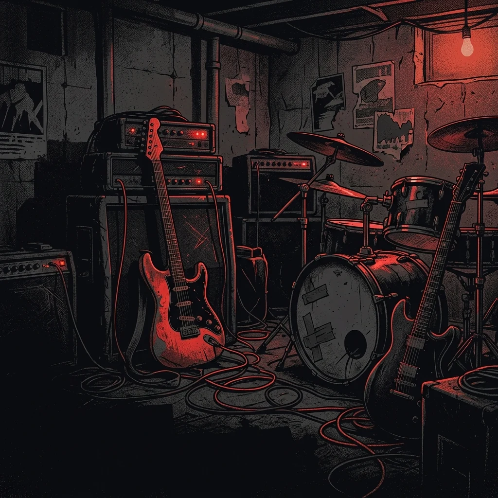 ilustración tributo de guitarras eléctricas y una batería en un sótano de ensayo oscuro de Ontario, cables enredados, amplificadores con luz tenue, atmósfera de urgencia juvenil, paleta rojo y negro, sin rostros reconocibles ni logos
