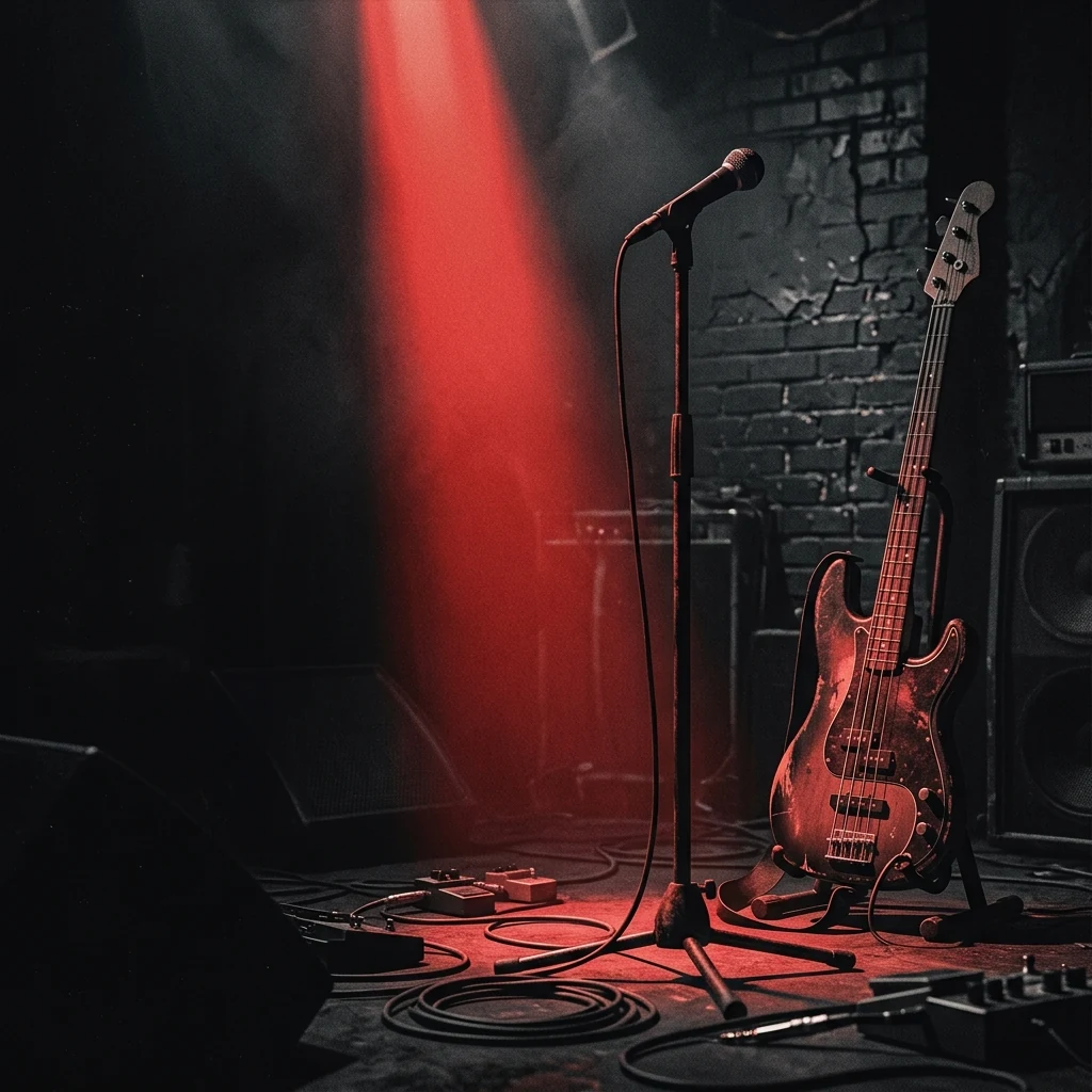 ilustración tributo de un micrófono y una guitarra bajo un haz de luz roja en un escenario oscuro de club underground, atmósfera de catarsis y tensión emocional, paleta rojo y negro, sin rostros ni logos