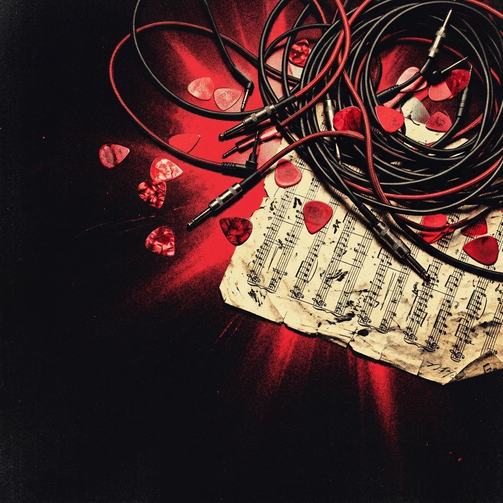ilustración tributo de un collage de cables de guitarra, púas, una partitura manuscrita y destellos de luz roja sobre fondo negro, atmósfera de intensidad contenida y emoción desbordada, paleta rojo y negro, sin texto ni logotipos