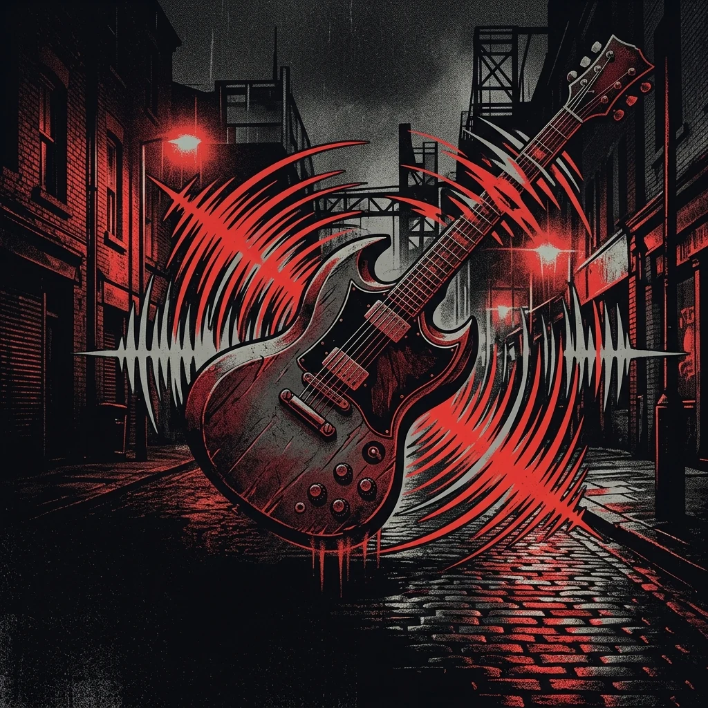 ilustración tributo de una guitarra eléctrica pesada entrelazada con ondas de sonido de graves profundos sobre un fondo urbano galés nocturno, atmósfera eléctrica y callejera, paleta rojo y negro, sin rostros reconocibles ni logos