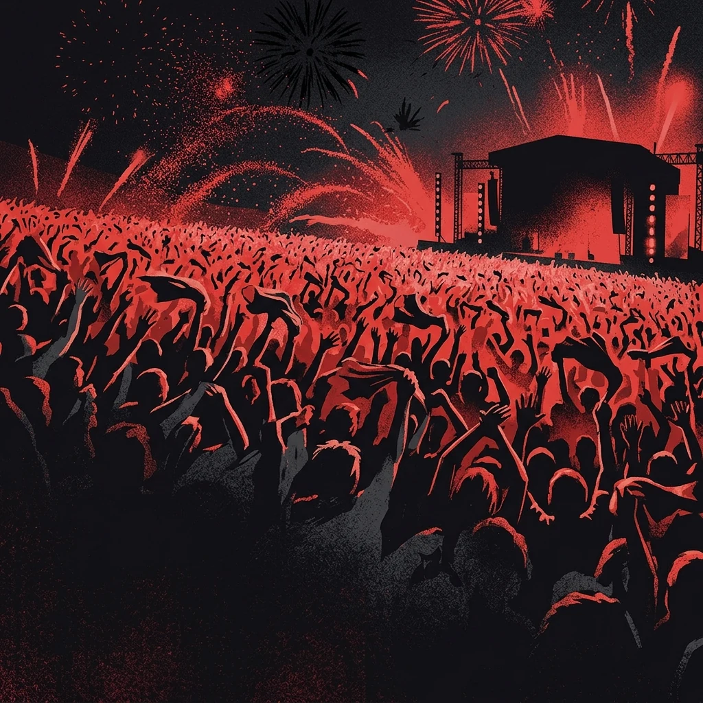 ilustración tributo de un festival de rock con miles de siluetas haciendo girar prendas sobre sus cabezas bajo un cielo nocturno de fuegos artificiales, atmósfera de euforia colectiva, paleta rojo y negro, sin rostros ni logos