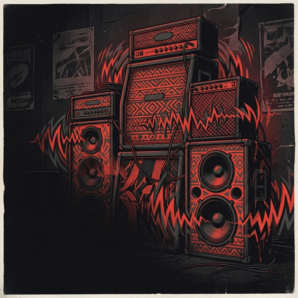ilustración tributo de una fusión visual de amplificadores de metal, patrones de reggae y ondas de sonido dancehall entrelazadas, colores vibrantes sobre fondo oscuro, paleta rojo y negro, sin texto ni logotipos