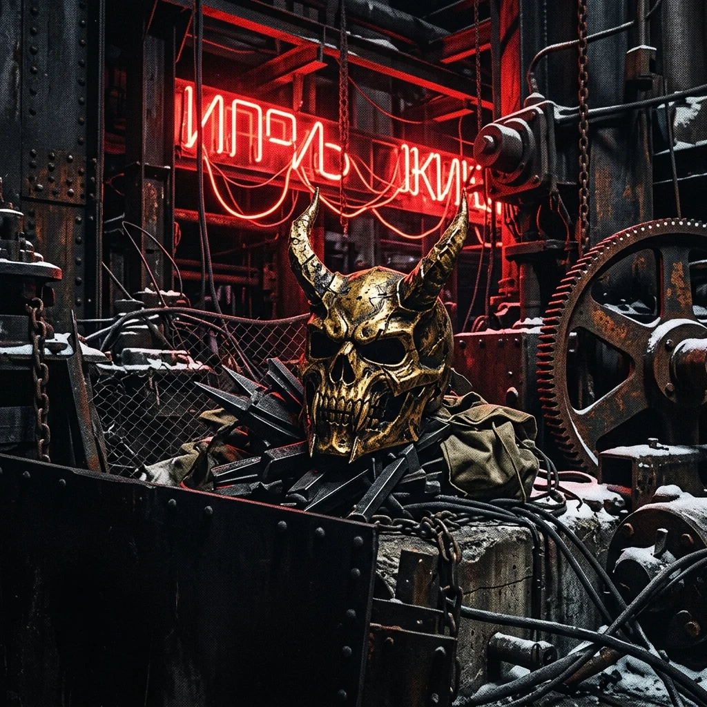 ilustración tributo de una máscara dorada con cuernos sobre un fondo de acero industrial ruso bajo luz roja de neón, atmósfera deathcore 2014 en los Urales, sin rostros reconocibles ni logos, paleta rojo y negro