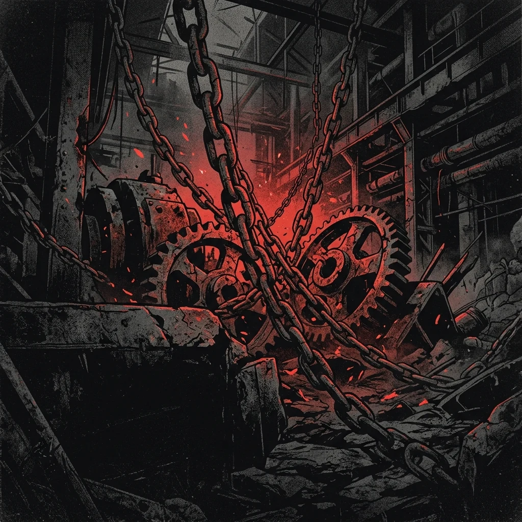 ilustración tributo de cadenas y engranajes oxidados en la oscuridad industrial con destellos de luz roja, ambiente deathcore ruso de los años 2020, escenario apocalíptico sin rostros ni logos, paleta rojo y negro intensa