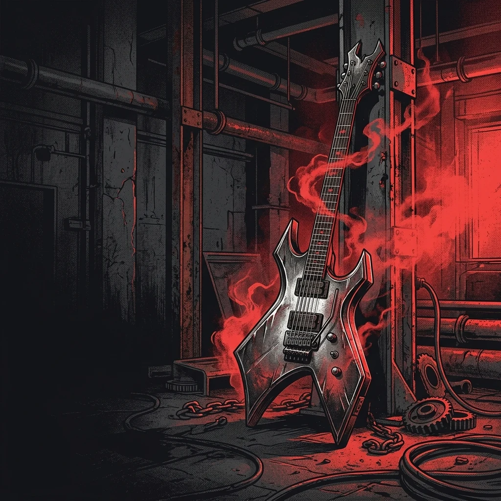 ilustración tributo de una guitarra de metal de afinación extrema rodeada de oscuridad industrial y vapores rojos, ambiente deathcore sin texto ni logotipos, paleta rojo y negro con reflejos de acero