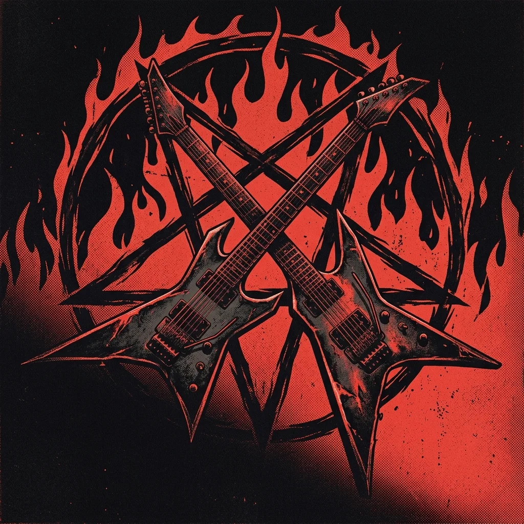 ilustración tributo de dos guitarras eléctricas cruzadas sobre un fondo de llamas y pentagrama invertido, atmósfera thrash metal California años 80, luz roja rasante sobre fondo negro, sin rostros reconocibles ni logos