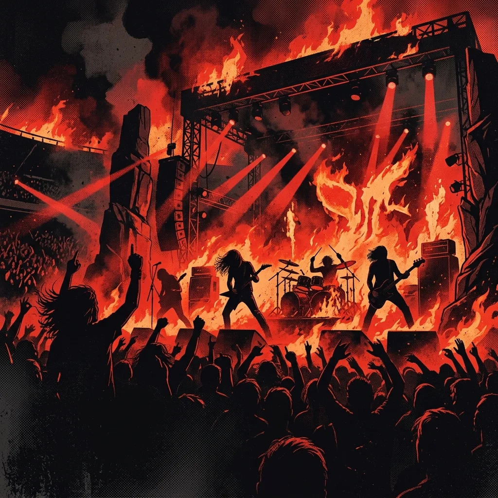 ilustración tributo de un escenario de arena en llamas con siluetas de instrumentos y rayos de luz roja cortando el humo, estética thrash metal de los años 90 a escala de estadio, paleta rojo y negro profundo, sin rostros ni logos