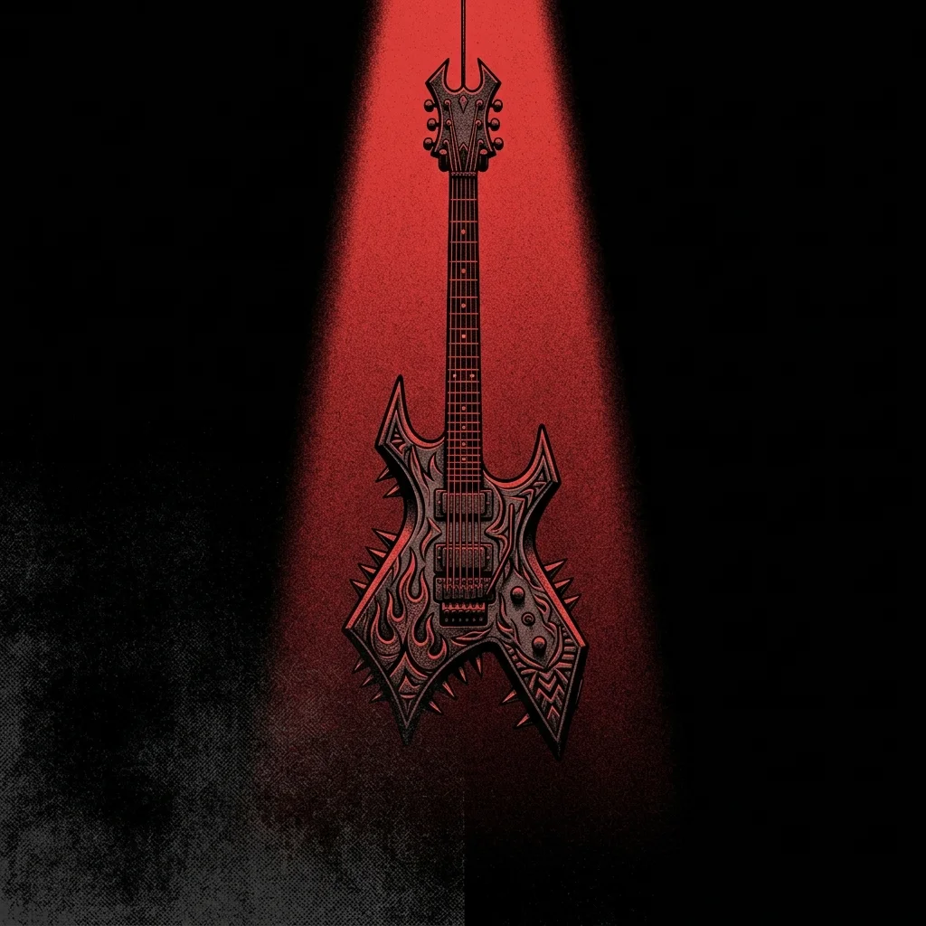 ilustración tributo de una guitarra eléctrica con cuerpo angular suspendida en el centro de un haz de luz roja sobre fondo negro absoluto, estética metal extremo California, detalles de llamas y relieves geométricos, sin texto ni logotipos