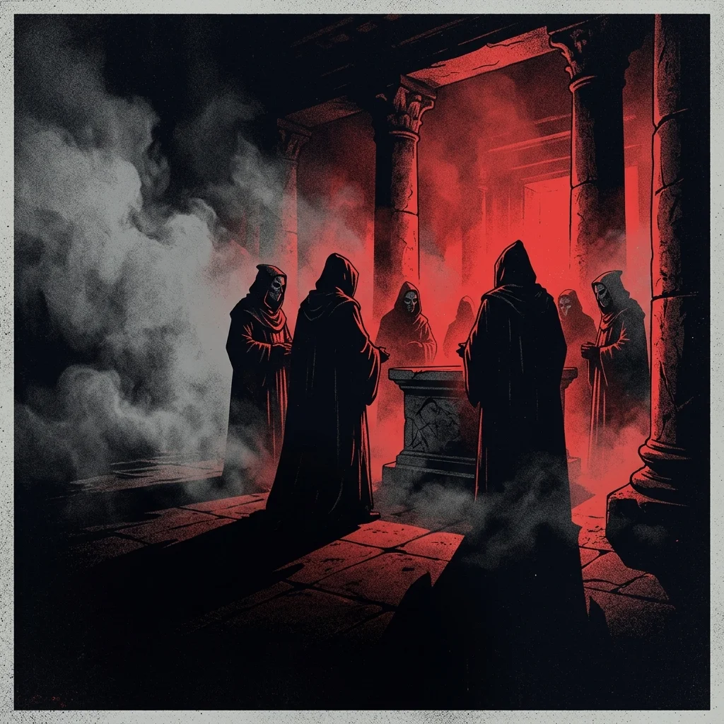 ilustración tributo de figuras enmascaradas con túnicas oscuras en un templo envuelto en niebla y luz roja, atmósfera ritual y solemne, paleta rojo profundo y negro, sin rostros reconocibles ni logos