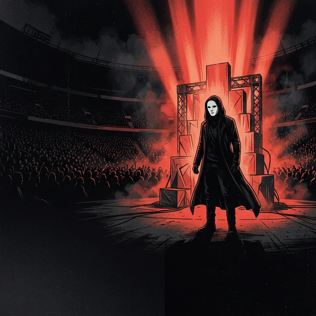ilustración tributo de una figura solitaria con máscara blanca y ropa negra ante un altar de luz en un estadio a oscuras, atmósfera de ritual masivo, paleta rojo y negro, sin rostros ni logos reconocibles