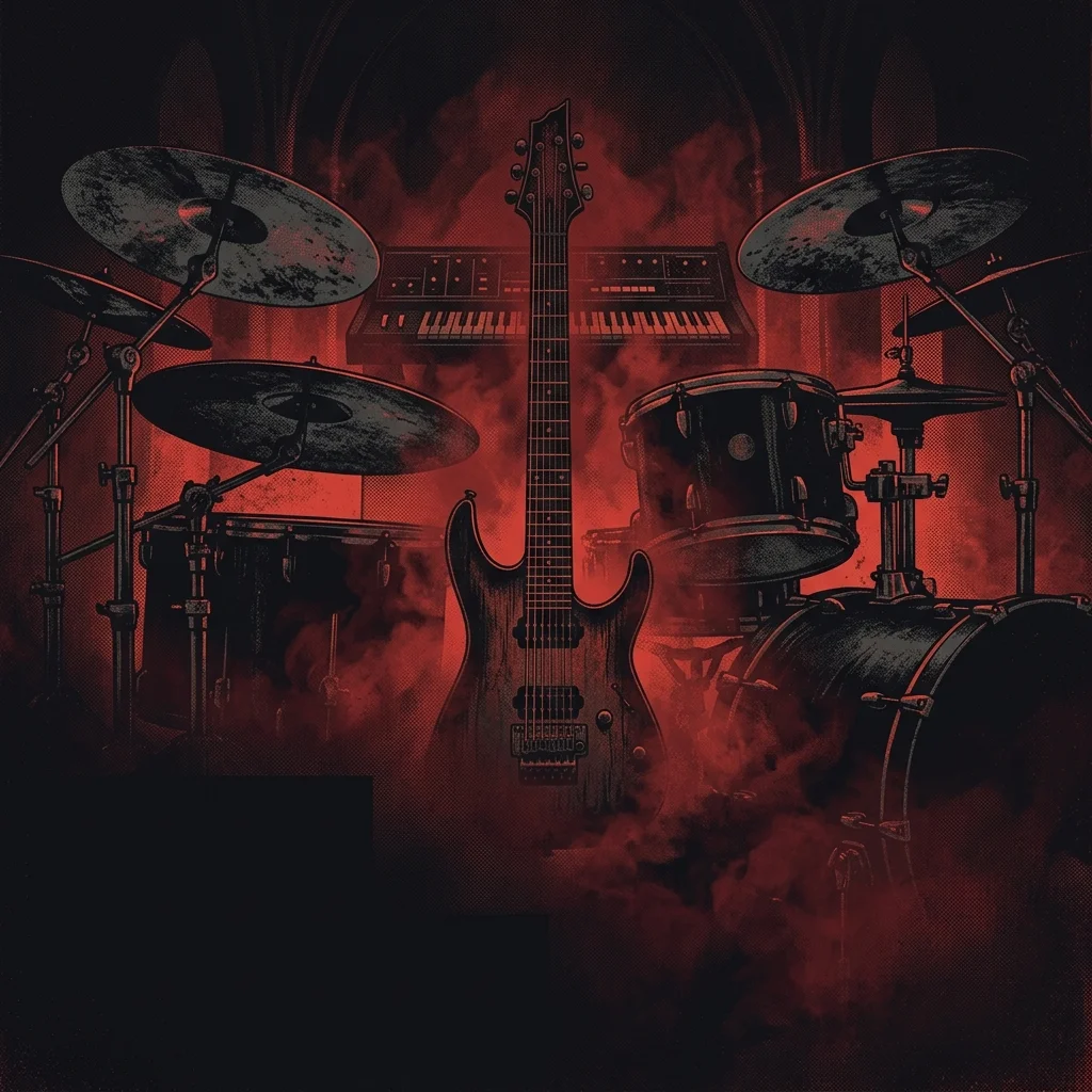 ilustración tributo de instrumentos metálicos —guitarra de siete cuerdas, batería masiva, teclados— envueltos en niebla roja y luz tenue de altar, composición simétrica y oscura, paleta rojo y negro, sin texto ni logotipos