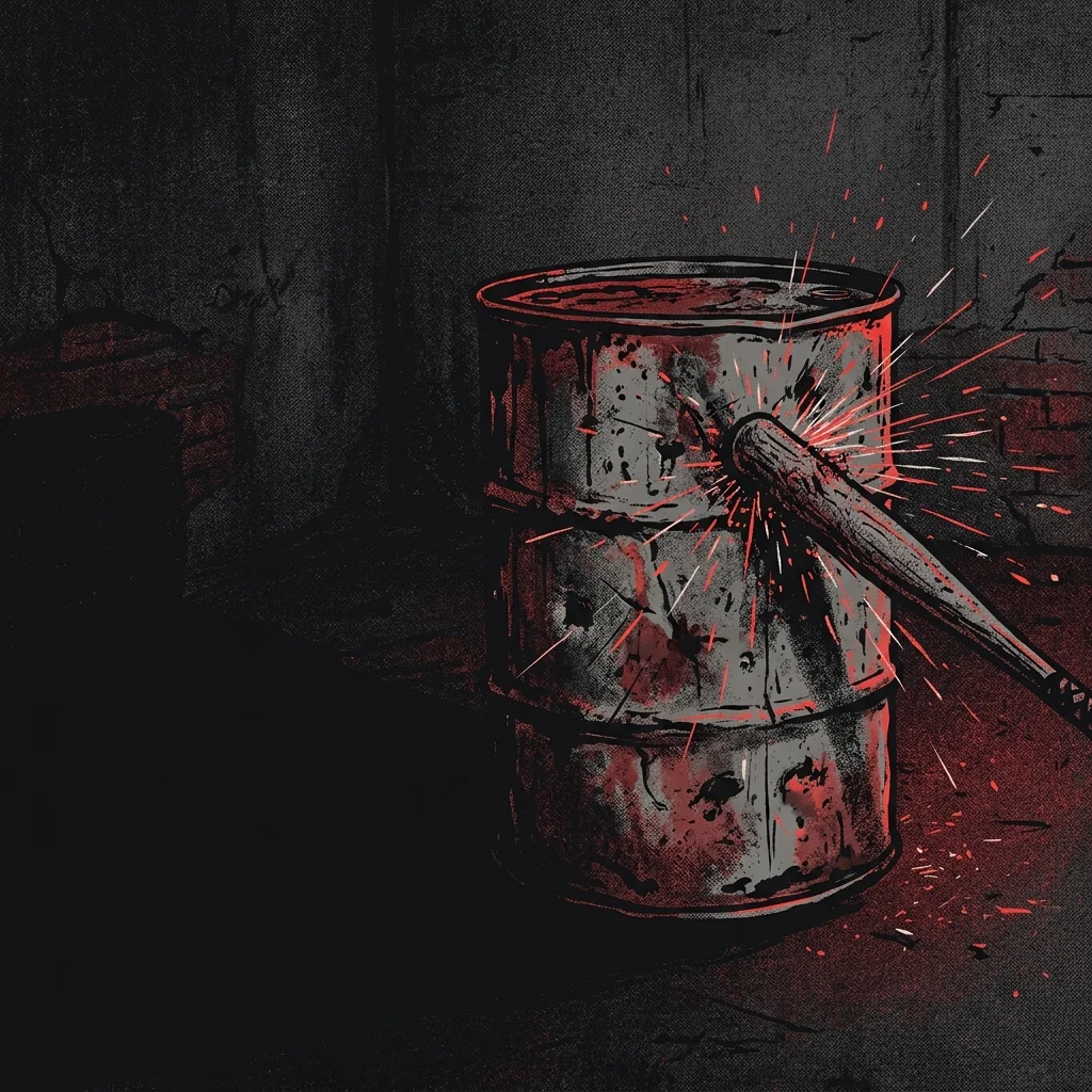 ilustración tributo de nueve figuras enmascaradas bajo luz industrial roja sobre un escenario de madera vieja en Des Moines Iowa, atmósfera oscura y caótica, paleta rojo y negro, sin rostros reconocibles ni logos