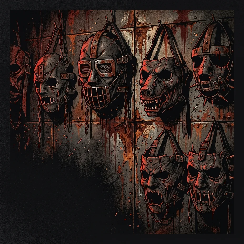 ilustración tributo de nueve máscaras grotescas suspendidas bajo luz de arena de concierto, humo y percusión industrial en primer plano, atmósfera de pesadilla sonora, paleta rojo y negro, sin rostros reconocibles ni logos