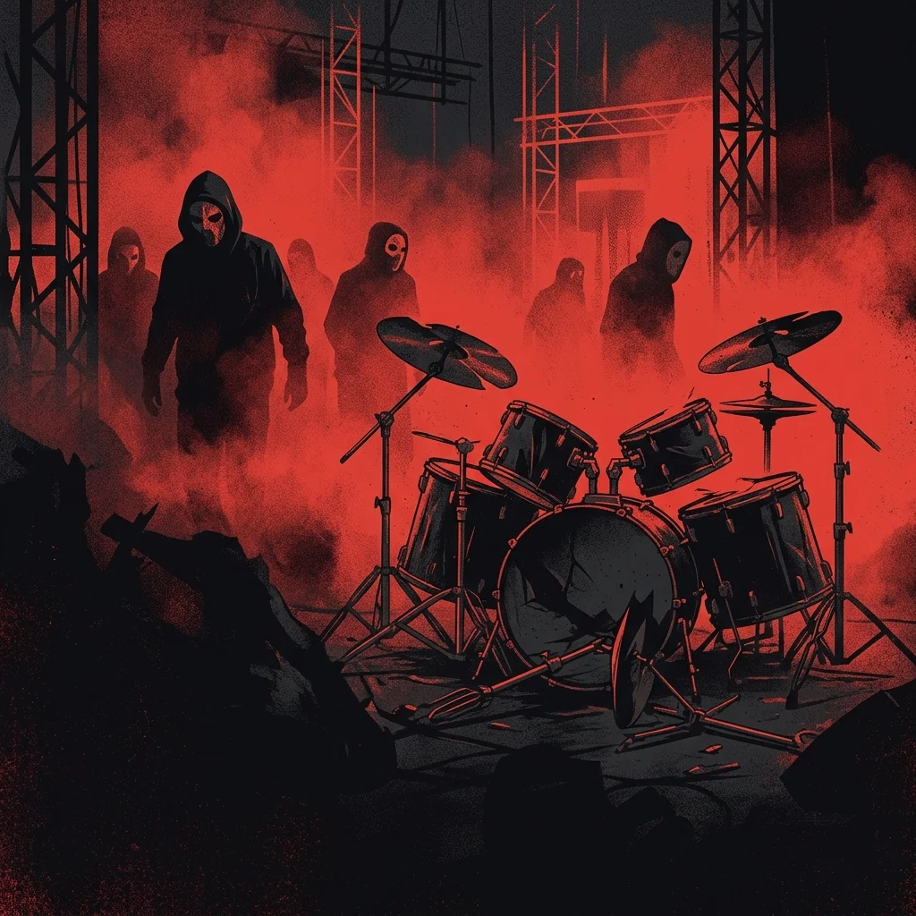ilustración tributo de instrumentos de percusión e industriales interconectados bajo luz roja, barriles metálicos y cuerdas de guitarra en primer plano, atmósfera de caos controlado, paleta rojo y negro, sin texto ni logotipos