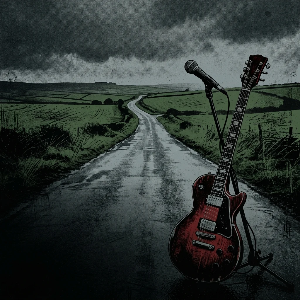 ilustración tributo de una carretera gris y mojada entre campos verdes de Irlanda del Norte bajo cielo nublado, guitarra eléctrica y micrófono en primer plano sin rostros ni logos, paleta rojo y negro