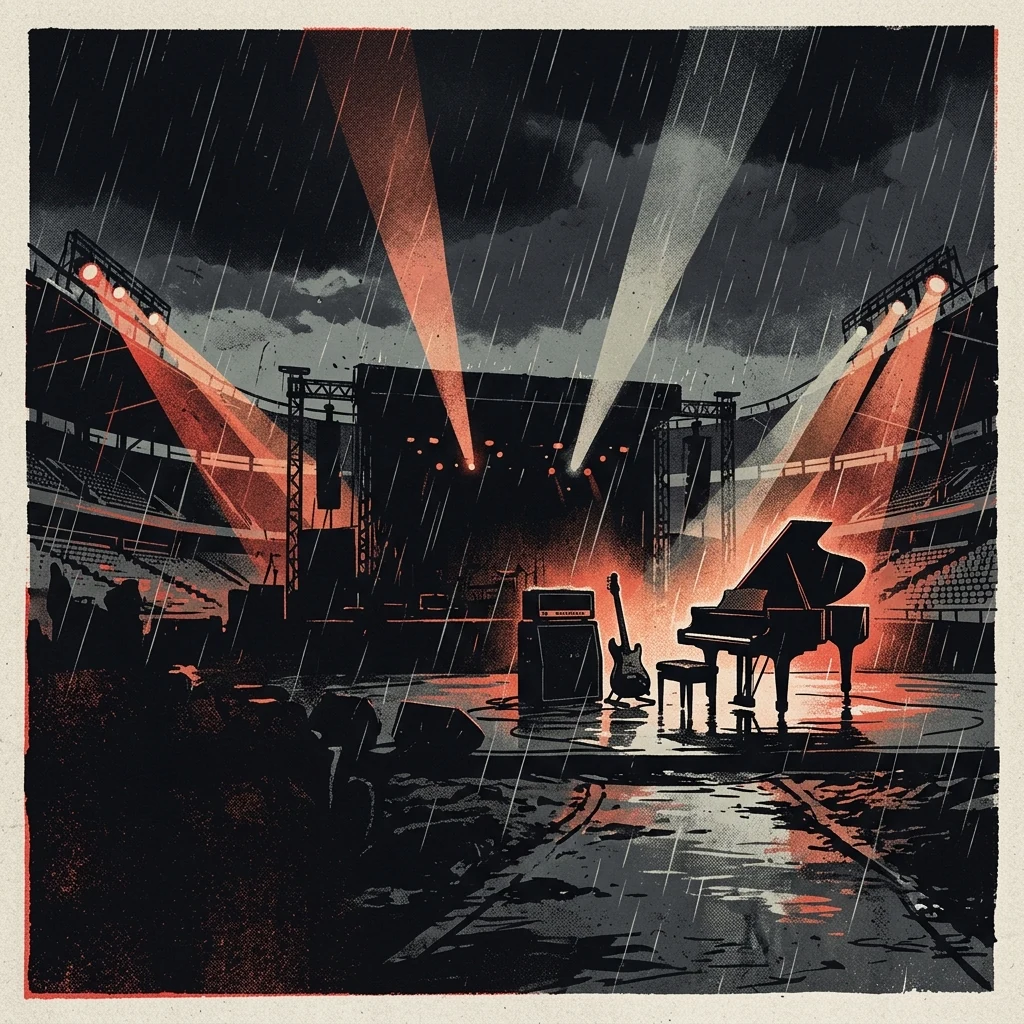 ilustración tributo de un estadio iluminado bajo lluvia con haces de luz escénica apuntando al cielo, guitarra y piano en silueta, sin rostros ni logos, paleta rojo y negro