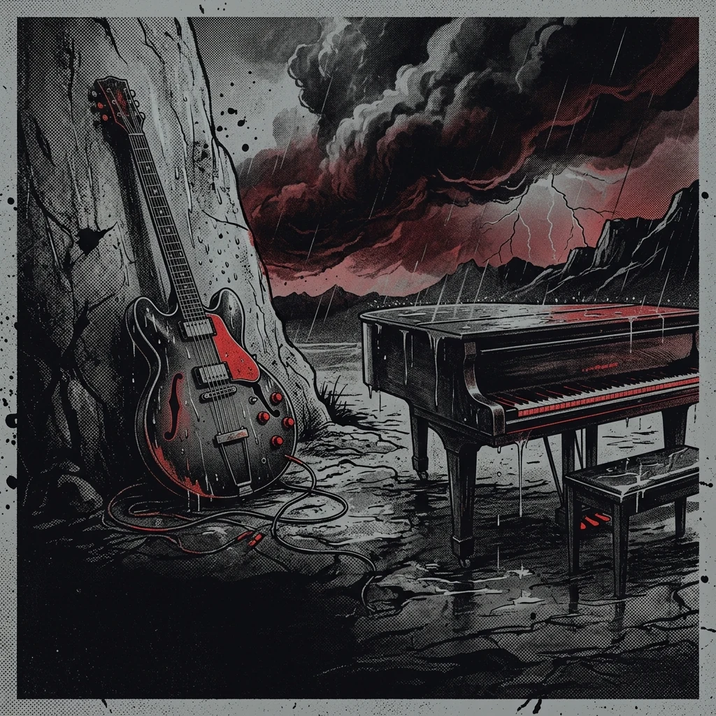 ilustración tributo de una guitarra eléctrica y un piano de cola bajo lluvia con cielo de tormenta al fondo, atmósfera melancólica y expansiva, sin texto ni logotipos, paleta rojo y negro