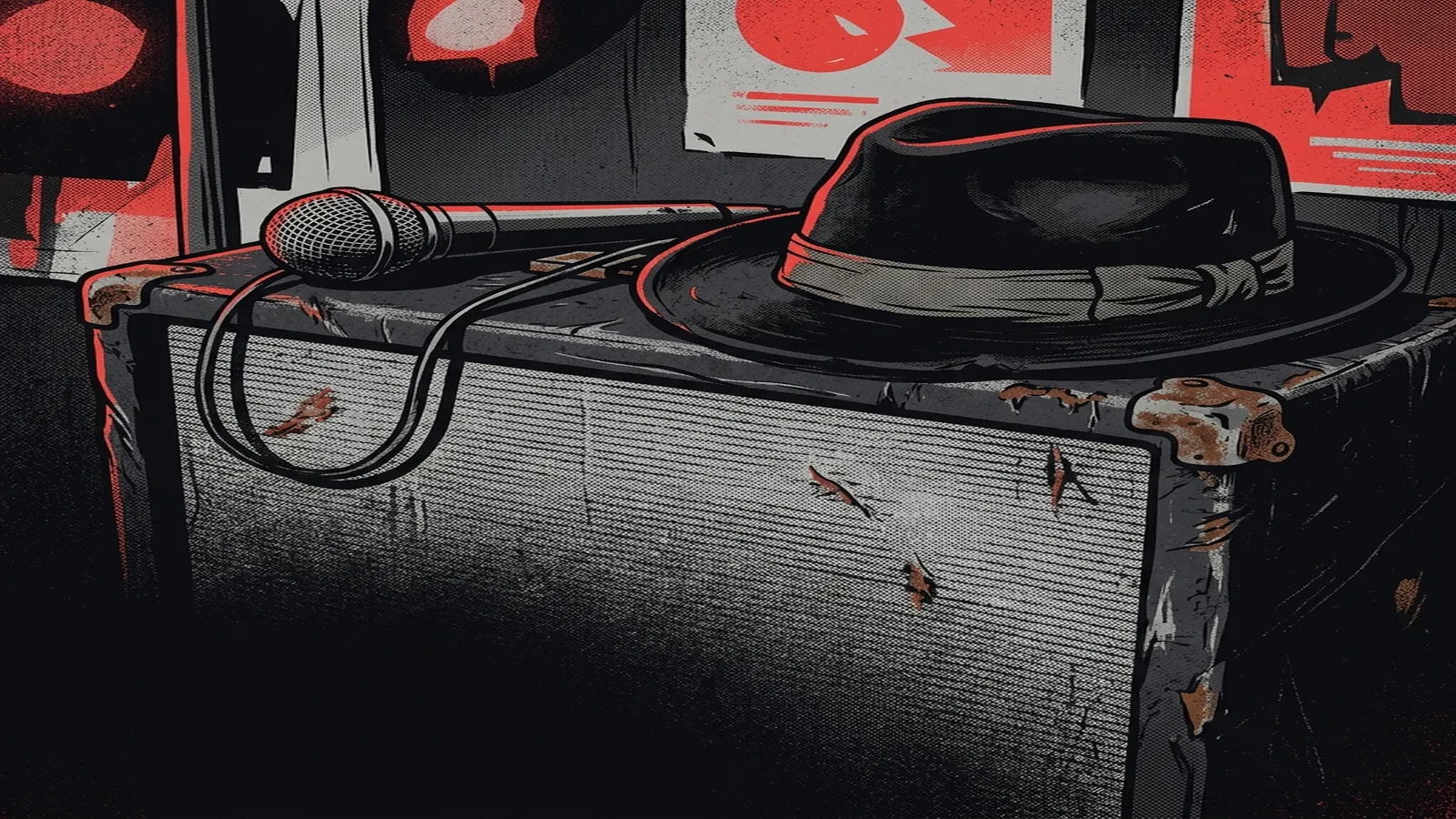 ilustración tributo de una guitarra eléctrica apoyada sobre un amplificador vintage en un garaje de California bajo una sola bombilla incandescente, carteles punk en paredes de concreto, atmósfera noche caliente años 80, paleta rojo y negro intenso, sin rostros reconocibles ni logos