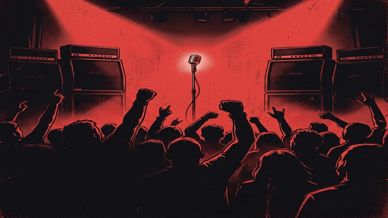 ilustración tributo de un escenario mediano de club con amplificadores apilados y un micrófono solo bajo luz roja dramática, ambiente punk rock California años 90, siluetas de público levantando los brazos, paleta rojo y negro, sin rostros ni logos