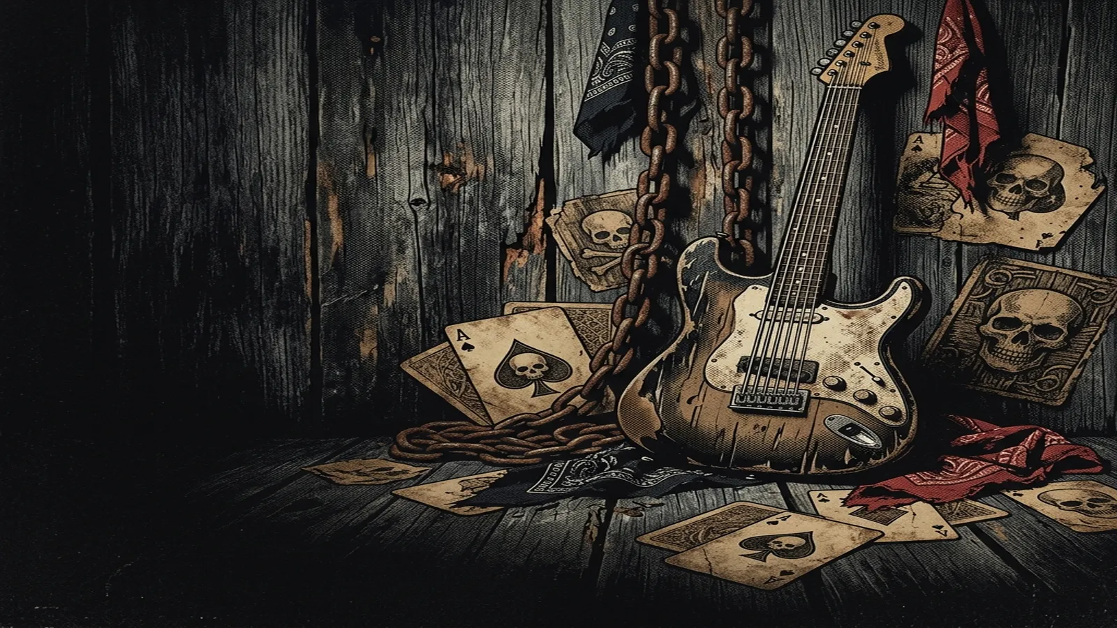 ilustración tributo de una guitarra eléctrica con cuerda de banjo sobre un fondo de tablillas de madera envejecida y cadenas oxidadas, motivos de calavera y naipes dispersos, atmósfera cowpunk americano años 90, paleta rojo y negro, sin texto ni logotipos