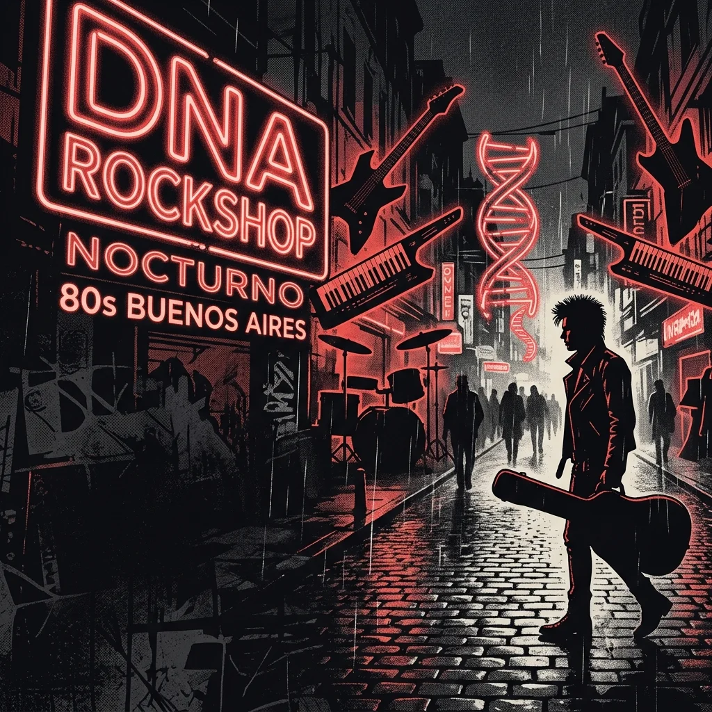 ilustración tributo del Buenos Aires nocturno de los 80 con luces de neón y siluetas de instrumentos new wave, atmósfera urbana y moderna, paleta rojo y negro, sin rostros ni logos