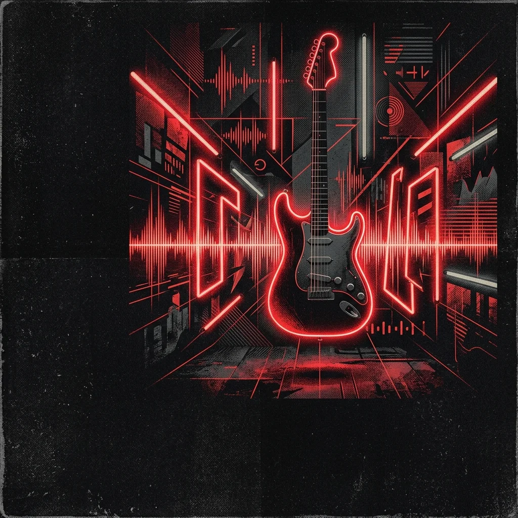 ilustración tributo de una guitarra eléctrica entre ondas de sonido modernas y luces de neón, estética new wave sofisticada, paleta rojo y negro, sin texto ni logotipos