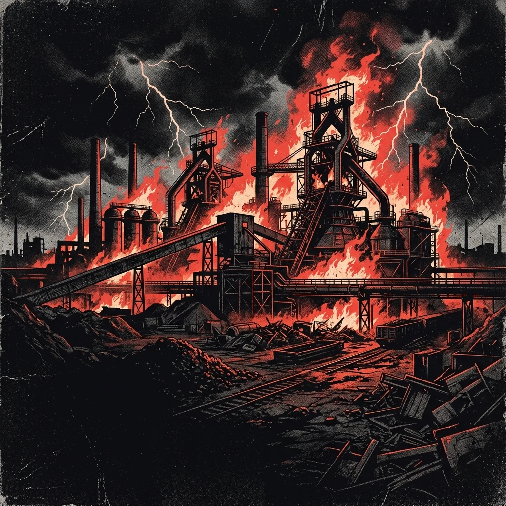 ilustración tributo de una fábrica industrial del Ruhr en llamas con relámpagos sobre un cielo negro, estética thrash metal años 80 de la región minera alemana, paleta rojo y negro, sin rostros reconocibles ni logos