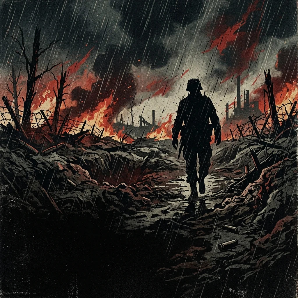 ilustración tributo de un soldado de silueta oscura en un campo de batalla bajo lluvia y fuego, estética de portada de thrash metal bélico años 80, paleta rojo y negro, sin rostros ni logos reconocibles