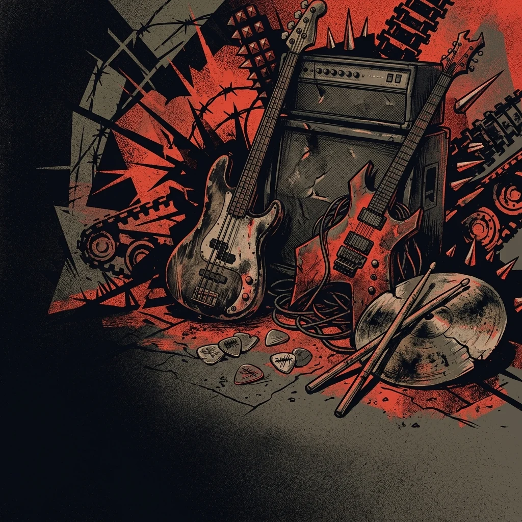 ilustración tributo de instrumentos de thrash metal —bajo eléctrico, guitarra distorsionada, baquetas— sobre un fondo de iconografía bélica abstracta y púas de metal, paleta rojo y negro, sin texto ni logotipos