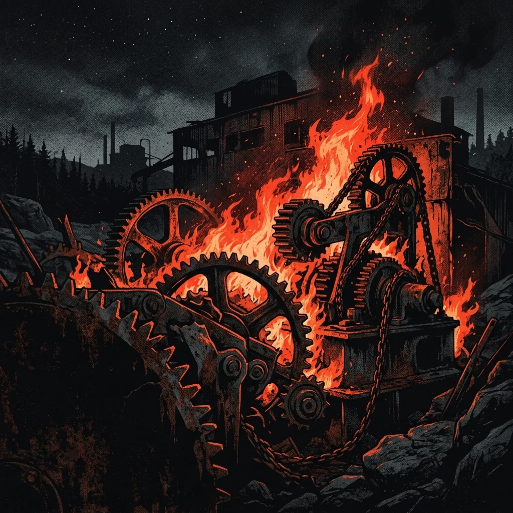 ilustración tributo de engranajes industriales oxidados envueltos en llamas bajo un cielo nocturno sueco, atmósfera melodic death metal finales de los años 90, sin rostros reconocibles ni logos, paleta rojo y negro intensa
