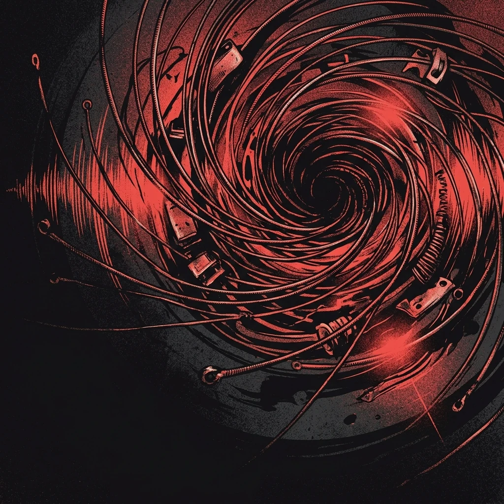 ilustración tributo de un vórtice de cuerdas de guitarra y ondas de sonido que se entrelazan sobre una superficie de acero industrial bajo luz roja pulsante, atmósfera melodic death metal contemporáneo, sin rostros ni logos, paleta rojo y negro