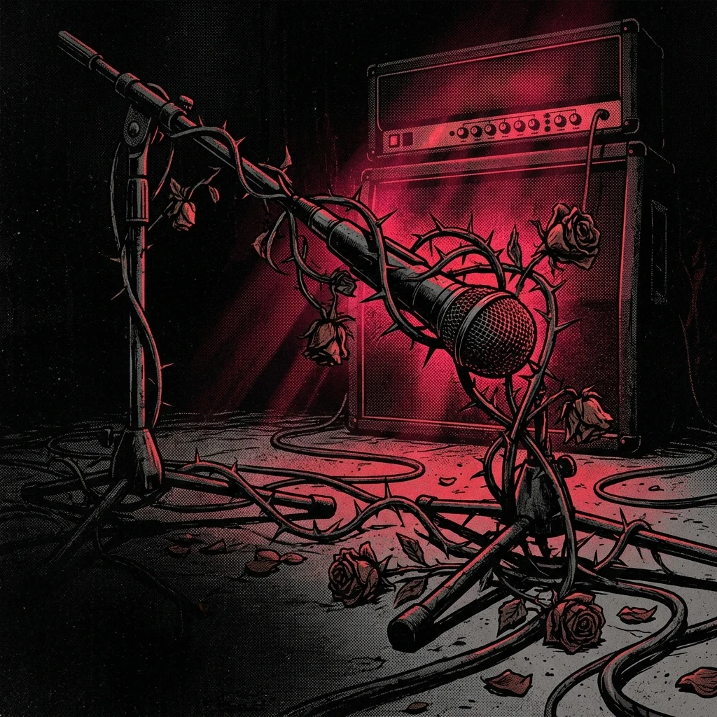 ilustración tributo de una guitarra eléctrica de cuerpo extendido suspendida sobre un océano de energía roja y negra, cables y circuitos integrados en el fondo, atmósfera de poder contenido y precisión técnica, paleta carmesí sobre negro, sin rostros ni logos