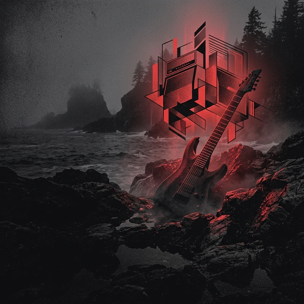 ilustración tributo de un escenario inundado de luz roja con instrumentos —guitarra de cuerpo extendido, bajo, batería— como siluetas de acero sobre niebla negra, atmósfera de presentación inaugural, potencia y control, paleta rojo intenso y negro, sin rostros reconocibles ni logos