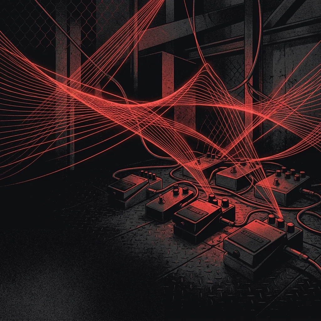 ilustración tributo de un collage de guitarra de cuerpo extendido, circuitos electrónicos y ondas de sonido sobre fondo negro con destellos carmesí, símbolo de la fusión entre metal orgánico y producción digital, paleta rojo profundo y negro, sin texto ni logotipos