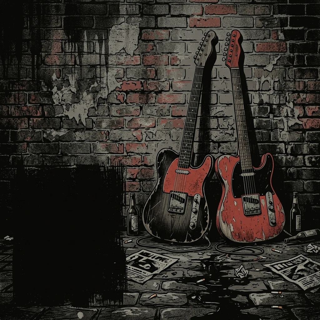 ilustración tributo de dos guitarras eléctricas cruzadas sobre un escenario londinense de los años 70, humo azul, amplificadores apilados al fondo, atmósfera de rock crudo y energético, paleta rojo y negro, sin rostros reconocibles ni logos