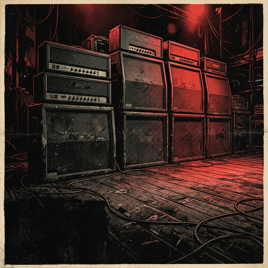 ilustración tributo de un par de guitarras eléctricas apoyadas en amplificadores vintage con destellos de luz rojiza, ambiente de camerino de estadio, textura denim y cuero, paleta rojo y negro, sin texto ni logotipos