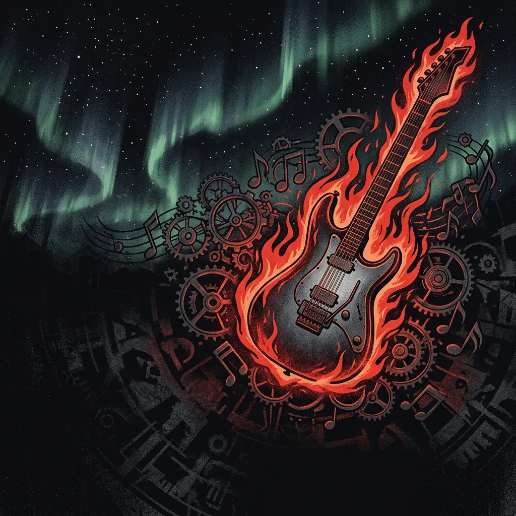 ilustración tributo de una guitarra eléctrica en llamas sobre un fondo de estrellas árticas y aurora boreal, motivos de notas musicales y engranajes de relojería entrelazados, atmósfera power metal finlandés años 90, sin rostros reconocibles ni logos, paleta rojo y negro